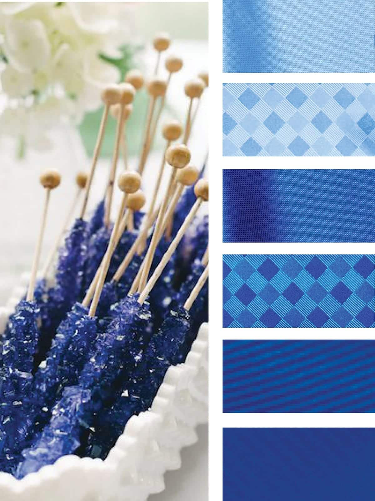 A variety of blue candy sticks are shown on a white plate.