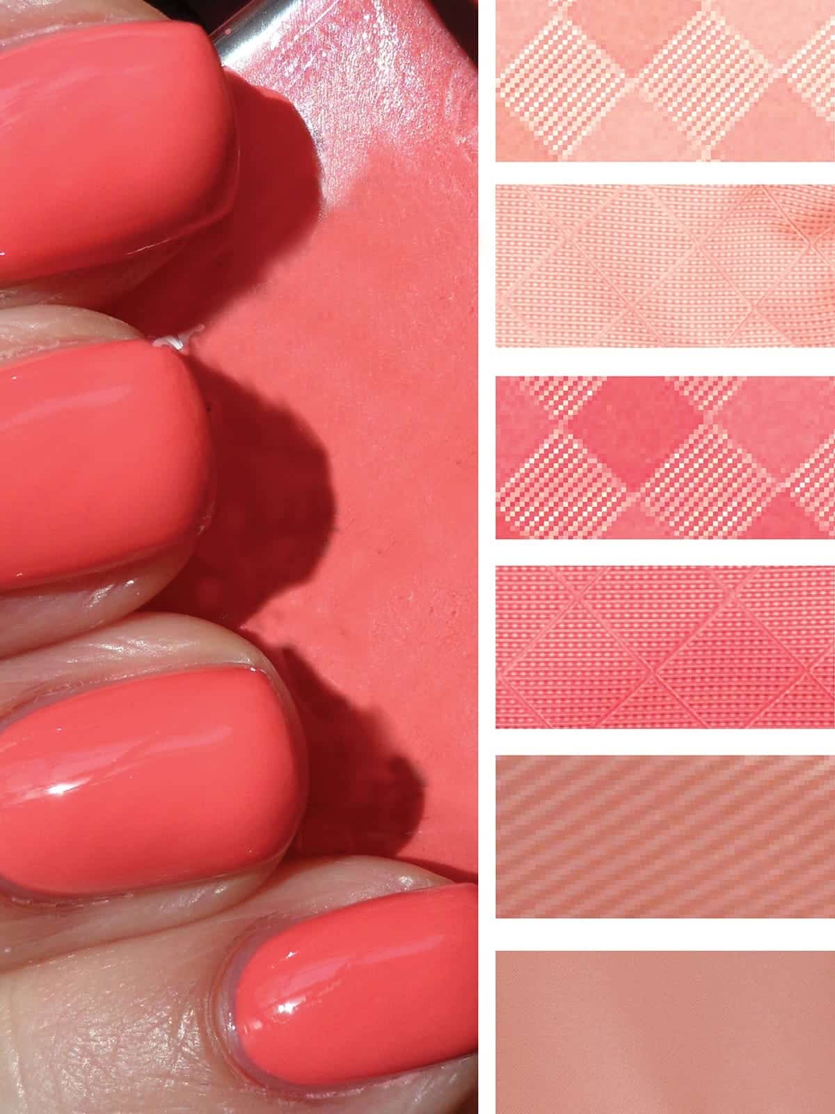 Swatches of coral nail polish perfect for a beach wedding.