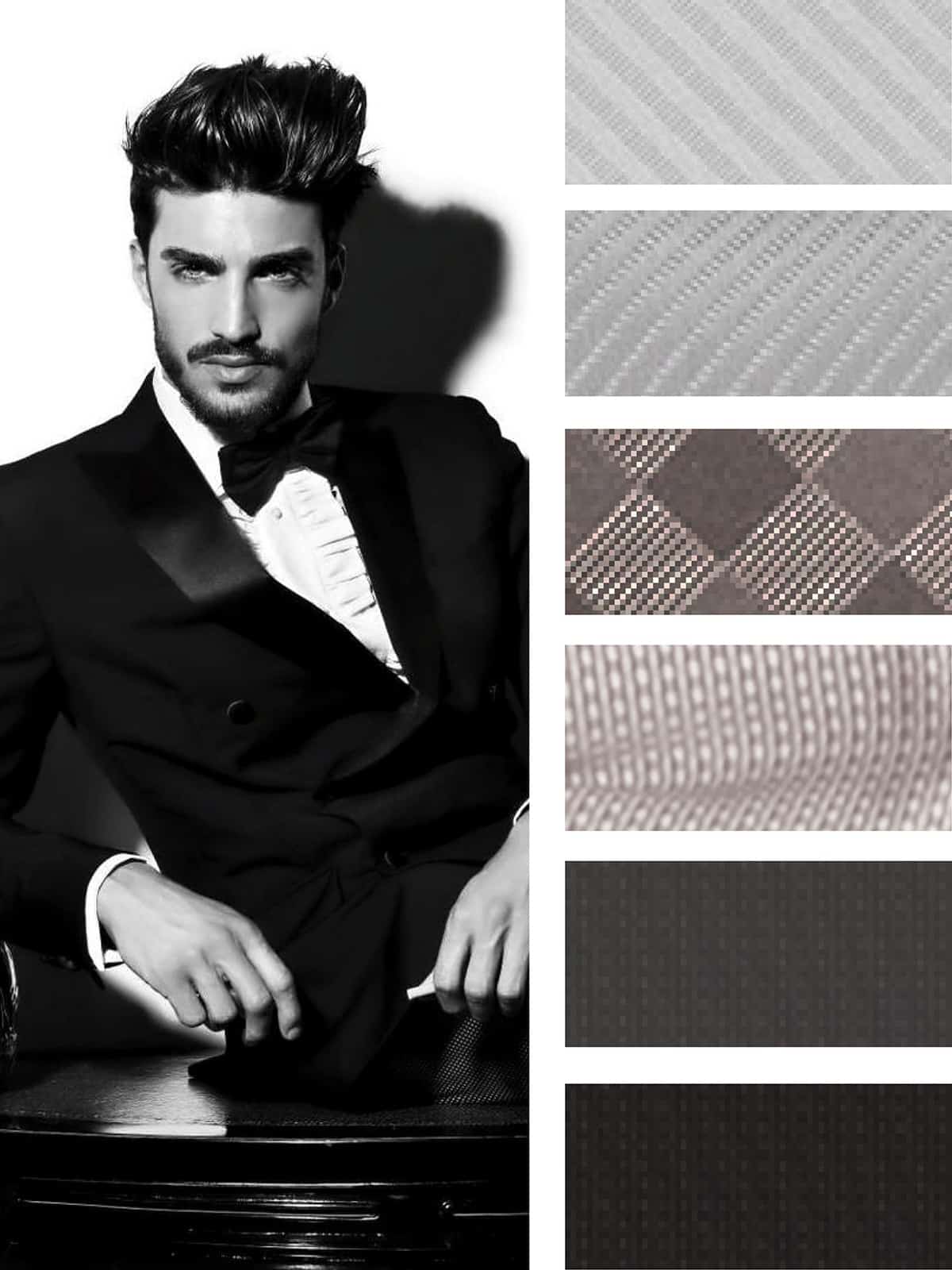 A man in a tuxedo sitting on a chair at a suit rental shop.