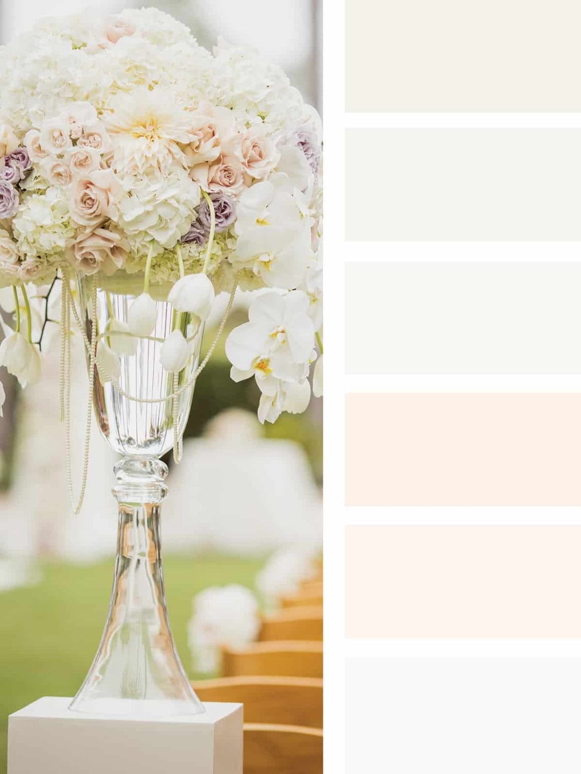A wedding color palette featuring white and pink flowers in a vase, perfect for couples looking for tuxedo or suit rentals.