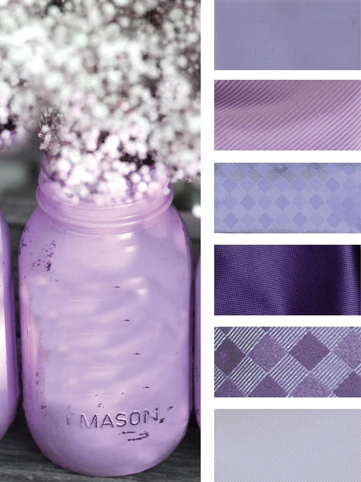 A stunning collage of purple mason jars with flowers gracefully arranged inside.