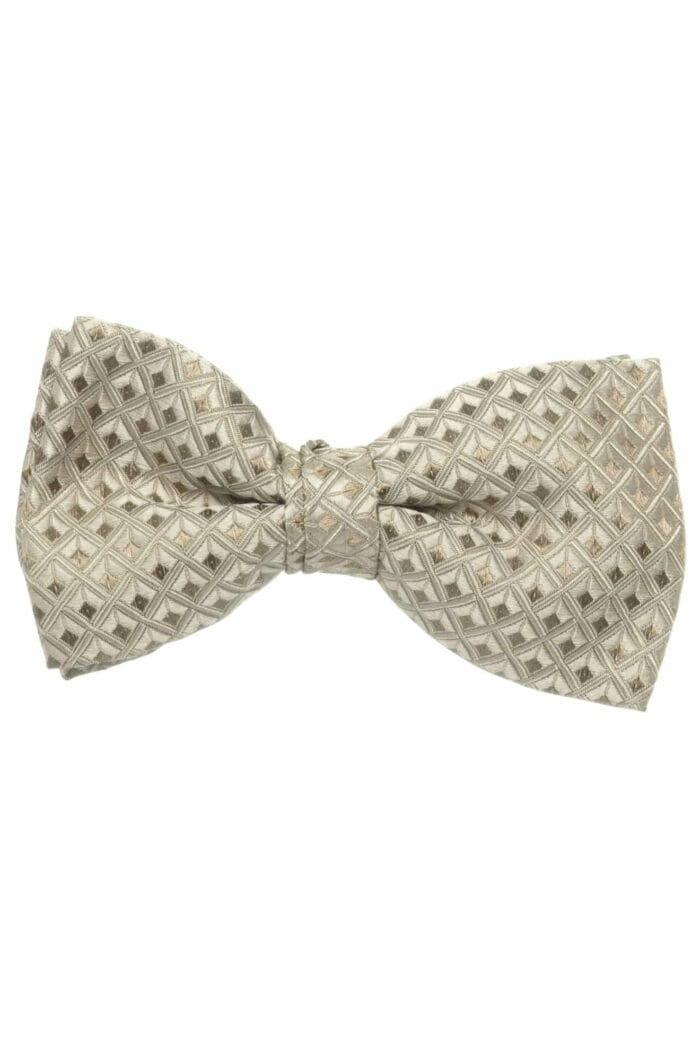 A beige bow tie on a white background, perfect for tuxedo rental.