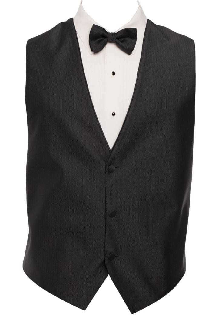 A black and white tuxedo vest with bow tie available for suit rental or tuxedo rental.