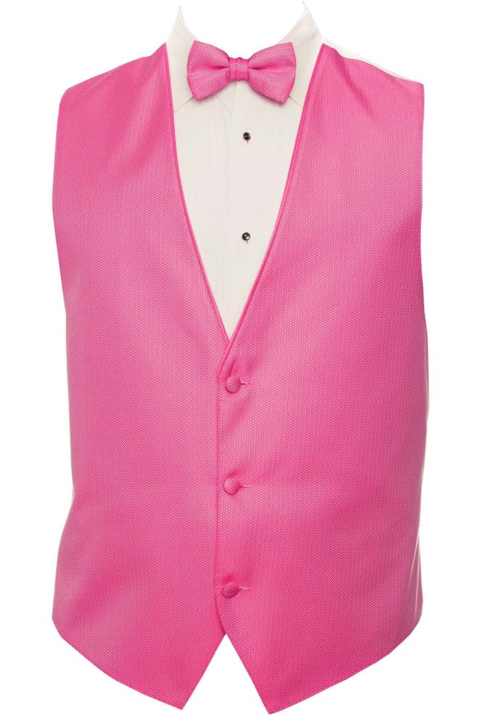 A pink vest and bow tie on a mannequin for tuxedo rental.