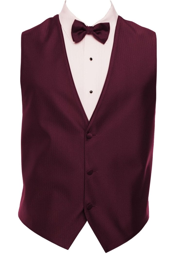 A burgundy vest with a suit rental and bow tie.