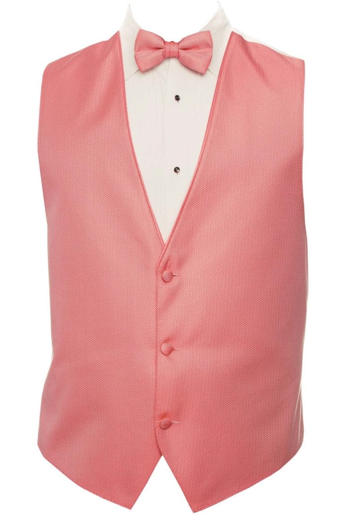 a pink vest with a bow tie.