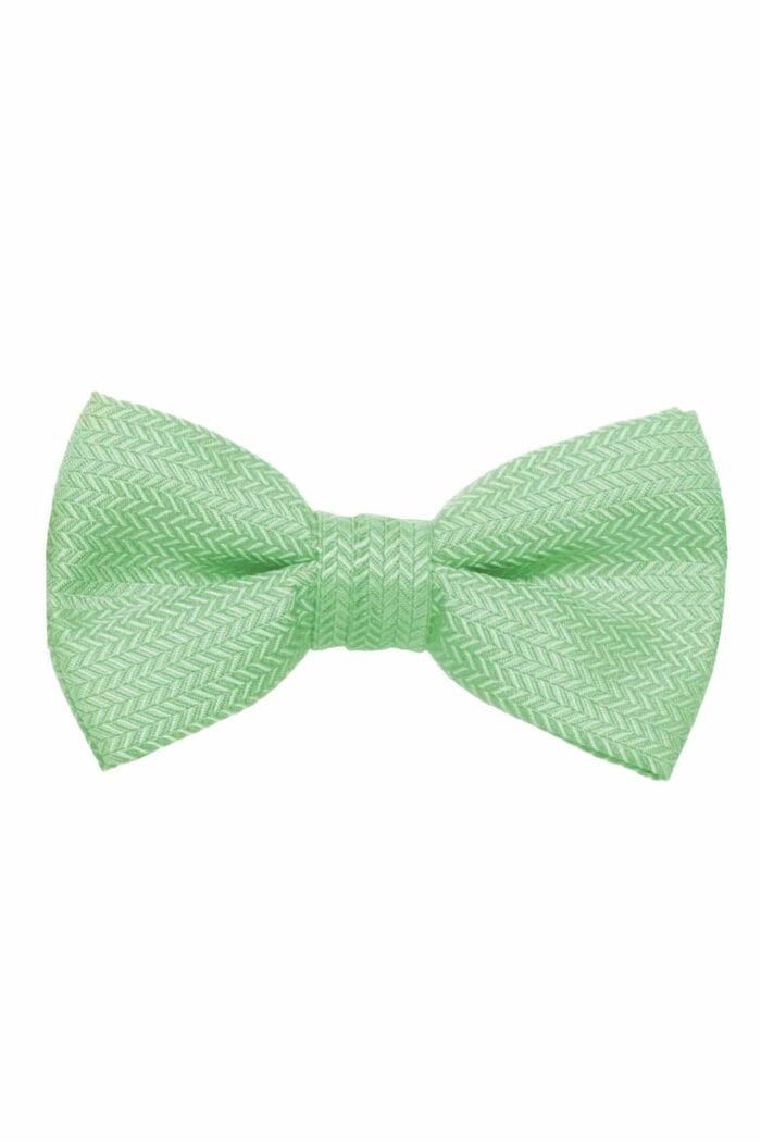 A green bow tie on a white background, perfect for tuxedo rental.
