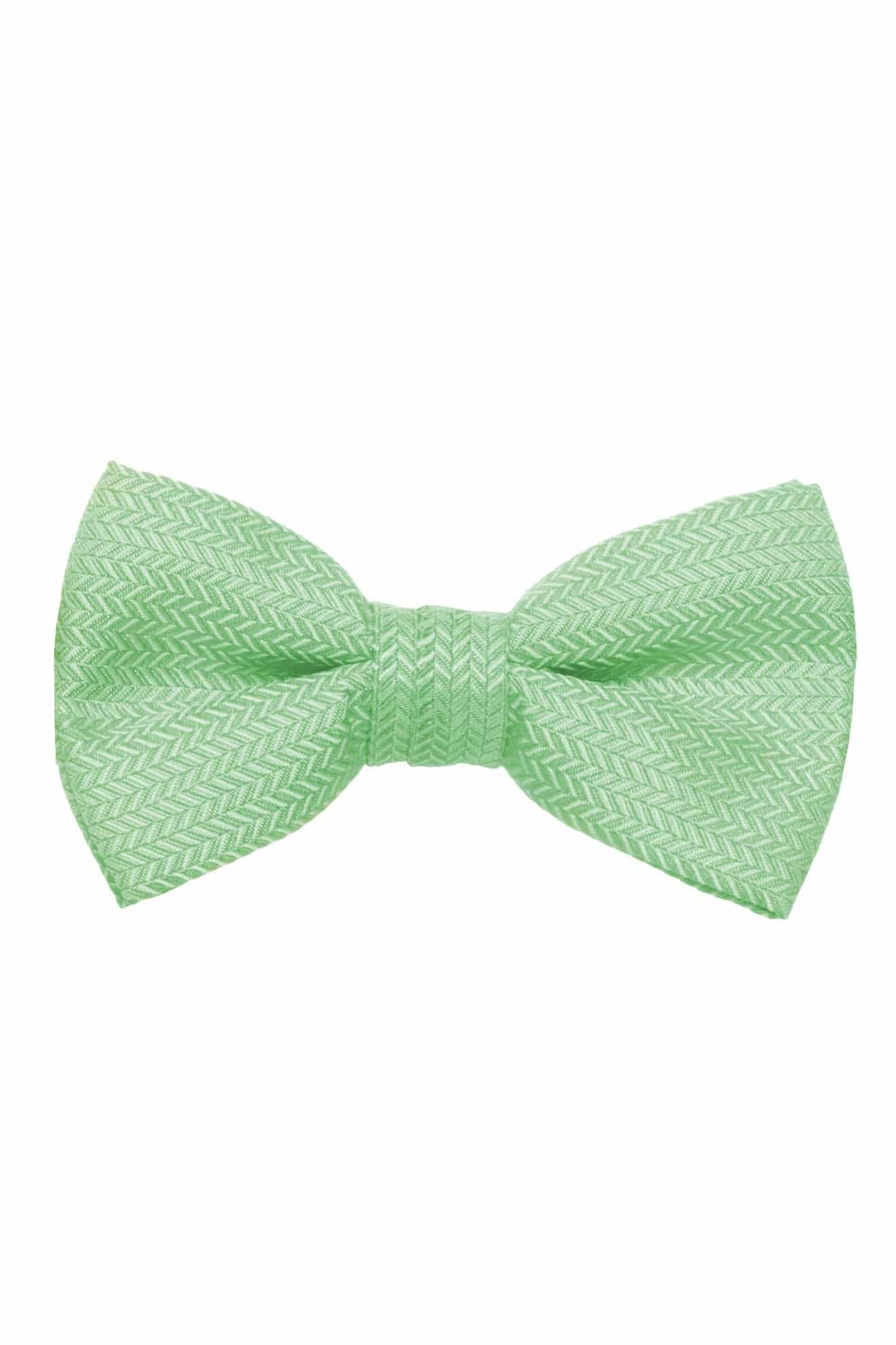 A green bow tie on a white background, perfect for tuxedo rental.