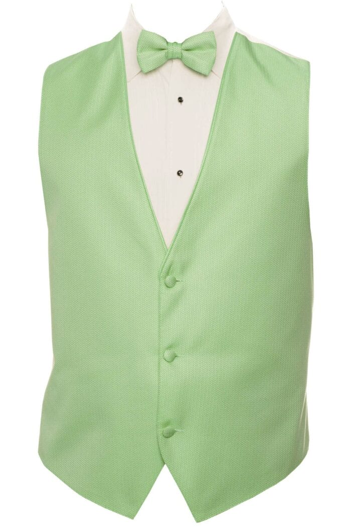 A green vest with a bow tie for suit rental.