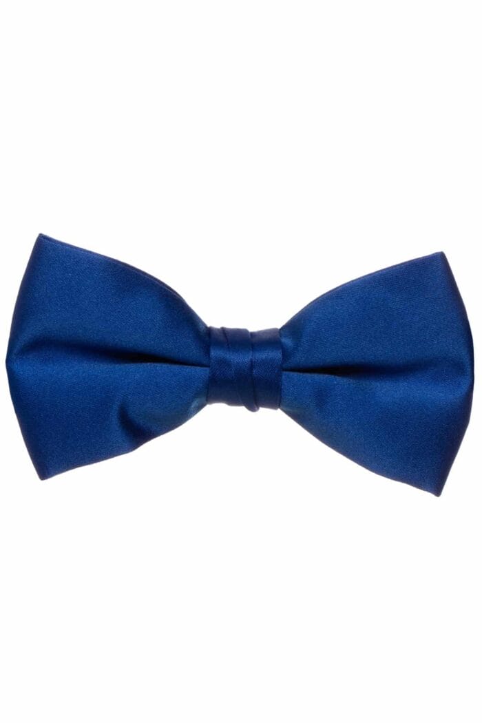 A blue bow tie on a white background, perfect for suit rental.