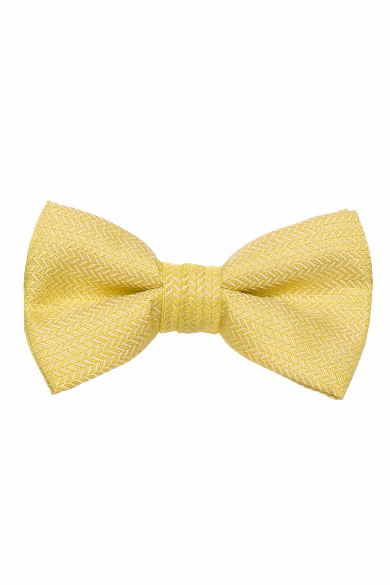 A yellow bow tie on a white background, perfect for suit rental.