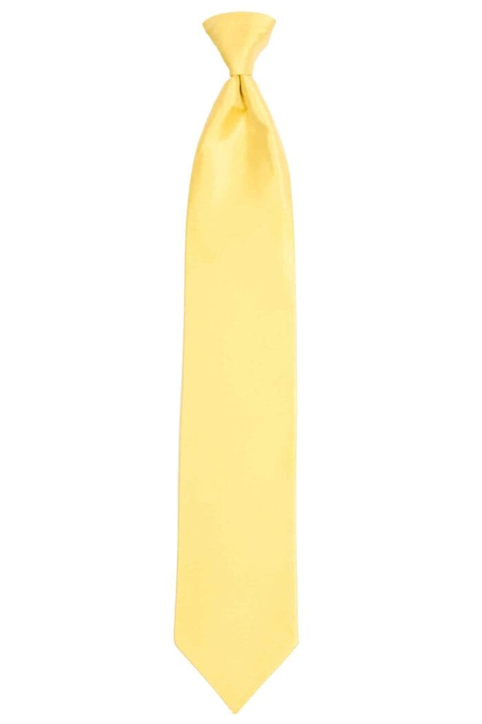 A yellow tie on a white background, perfect for suit rental.