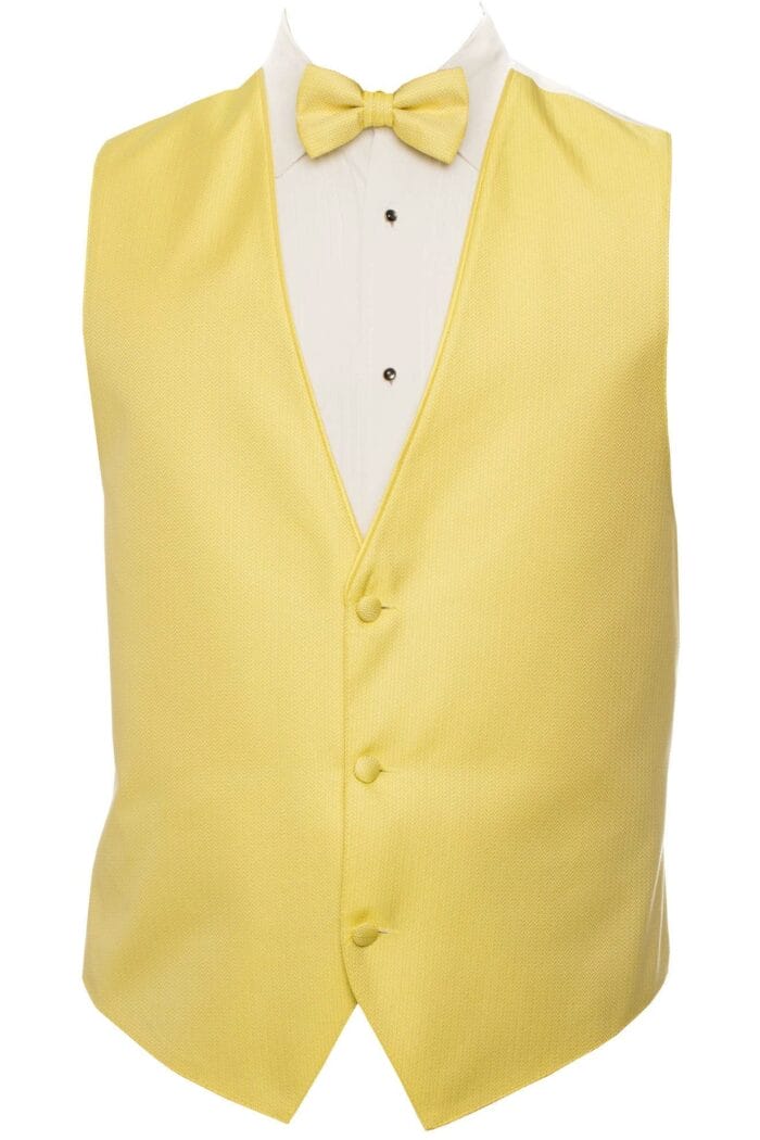 A yellow vest and bow tie on a mannequin available for suit rental.