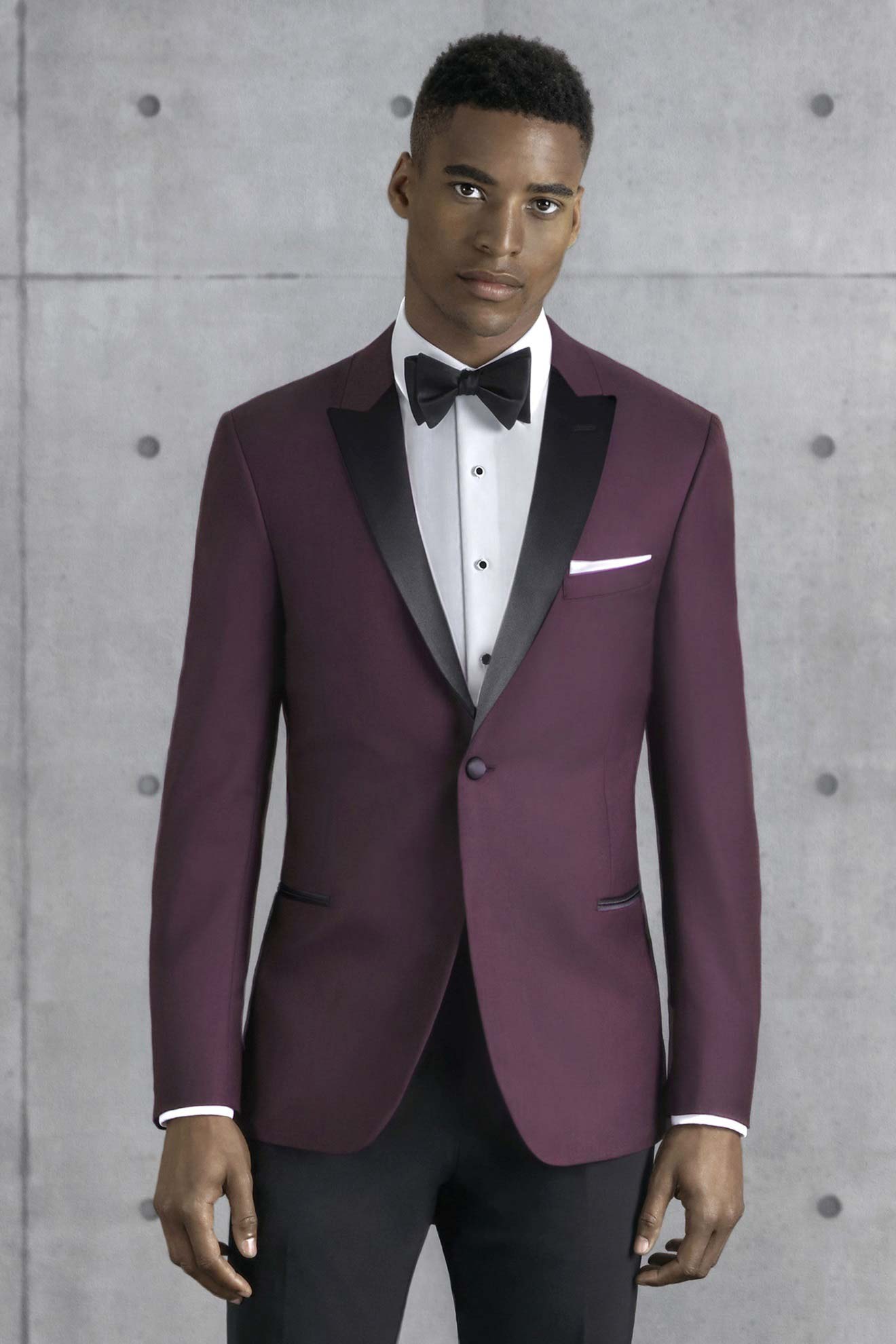 Luxury Modern Tuxedo – Sleek Burgundy Wool Fabric with Elegant Detailing.